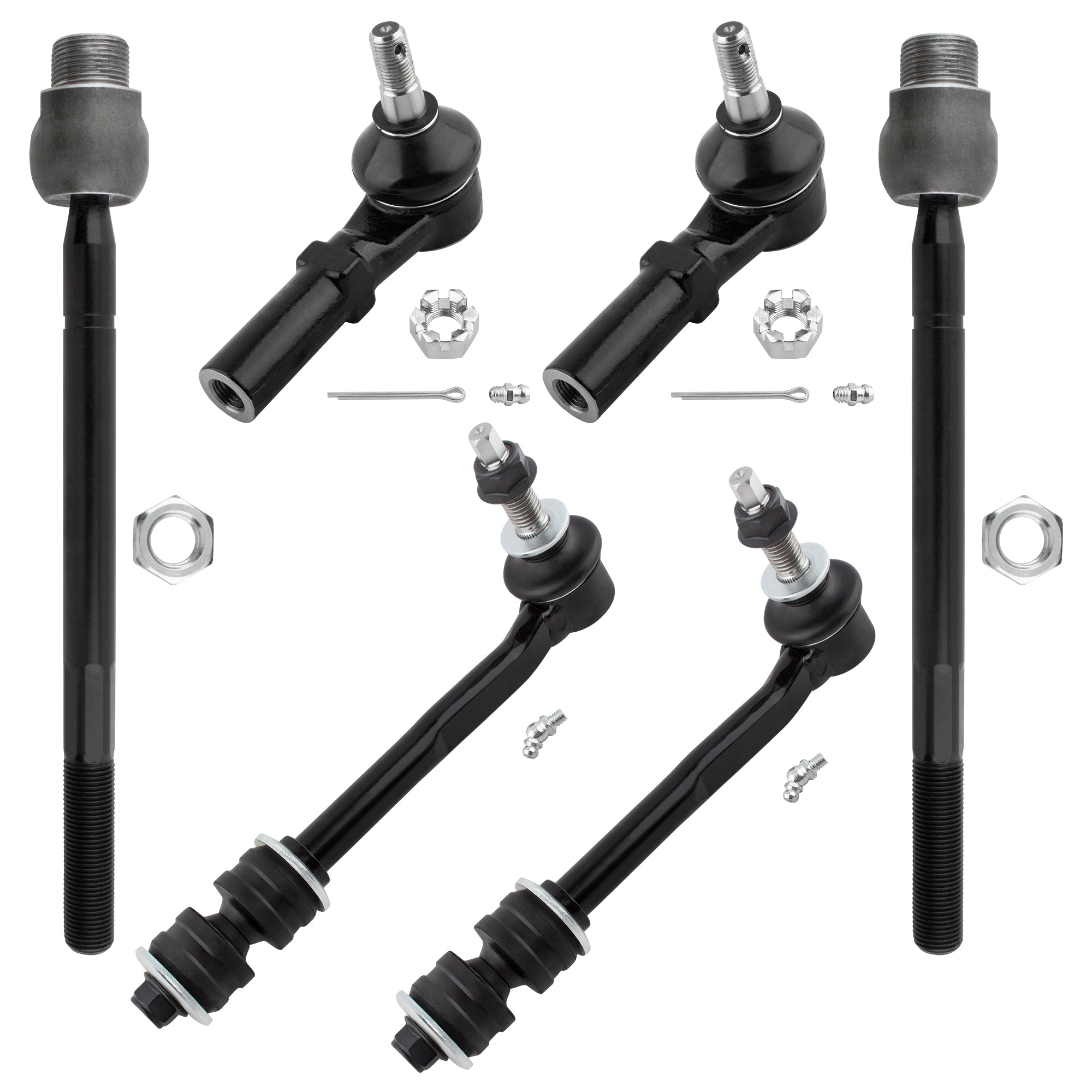 BOXI (Set of 6) Front Inner & Outer Tie Rods + Sway Bar End Links Fit for Chrysler Aspen 2007 2008