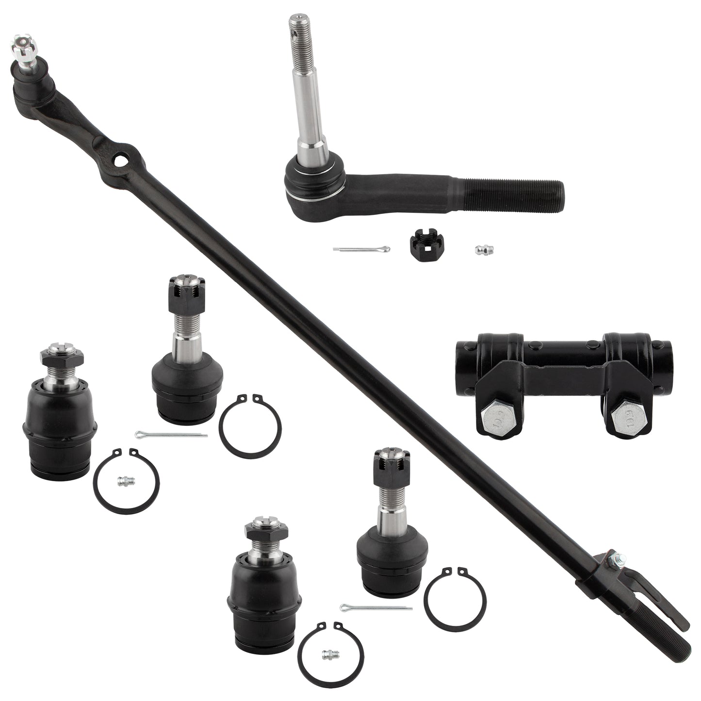 BOXI (Set of 7) Front Upper & Lower Ball Joints + Outer Tie Rod End + Drag Link + Adjusting Sleeve