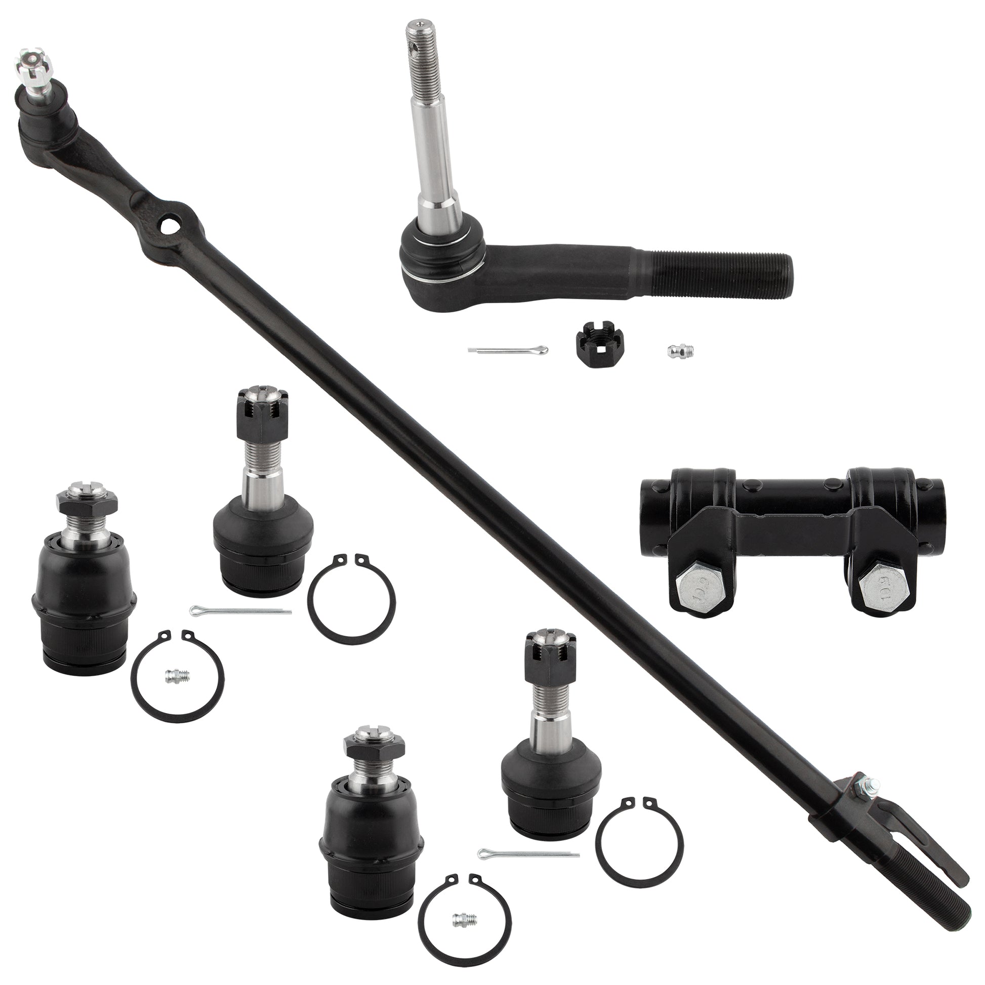 BOXI (Set of 7) Front Upper & Lower Ball Joints + Outer Tie Rod End + Drag Link + Adjusting Sleeve