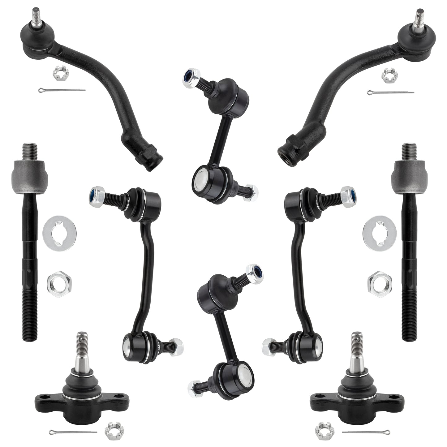 BOXI 10pcs Front Lower Ball Joints + Inner Outer Tierods + Front Rear Sway Bar End Links Fit