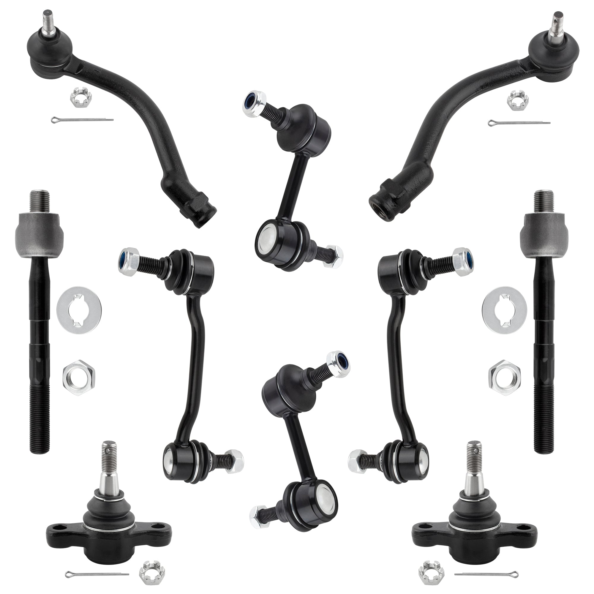 BOXI 10pcs Front Lower Ball Joints + Inner Outer Tierods + Front Rear Sway Bar End Links Fit