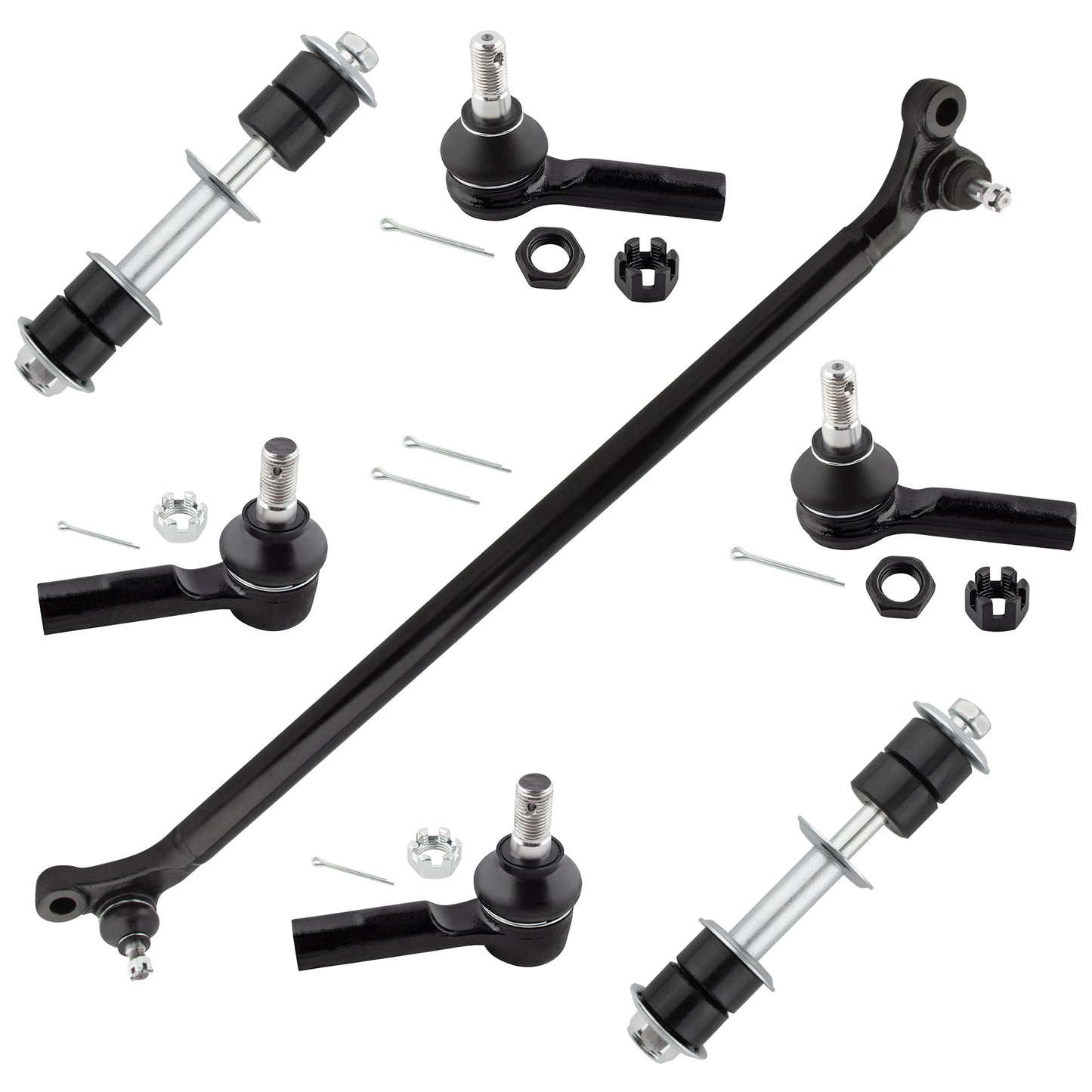 BOXI (Set of 7) Front Inner & Outer Tie Rods + Front Sway Bar End Link + Center Link Kit Driver
