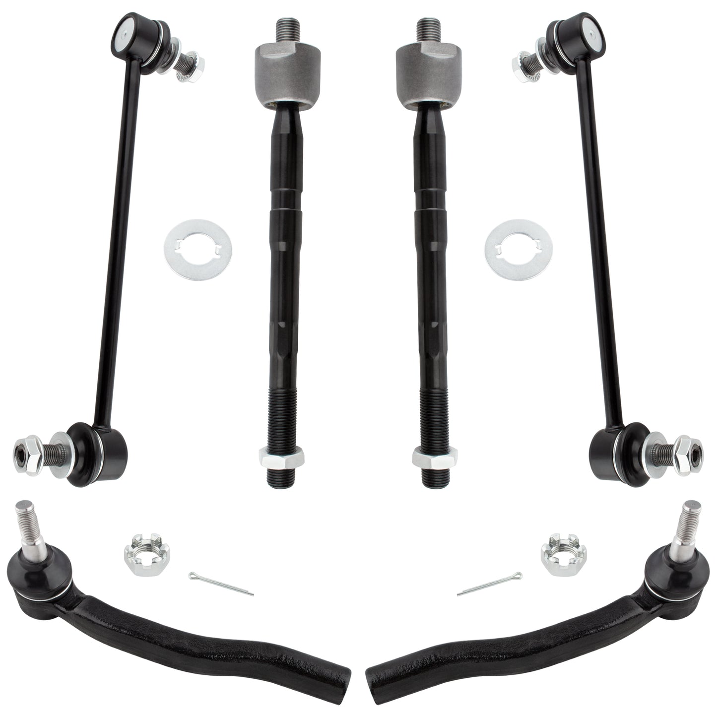BOXI (Set of 6) Front Inner & Outer Tie Rod Ends + Front Stabilizer Sway Bar End Links Kit Fit