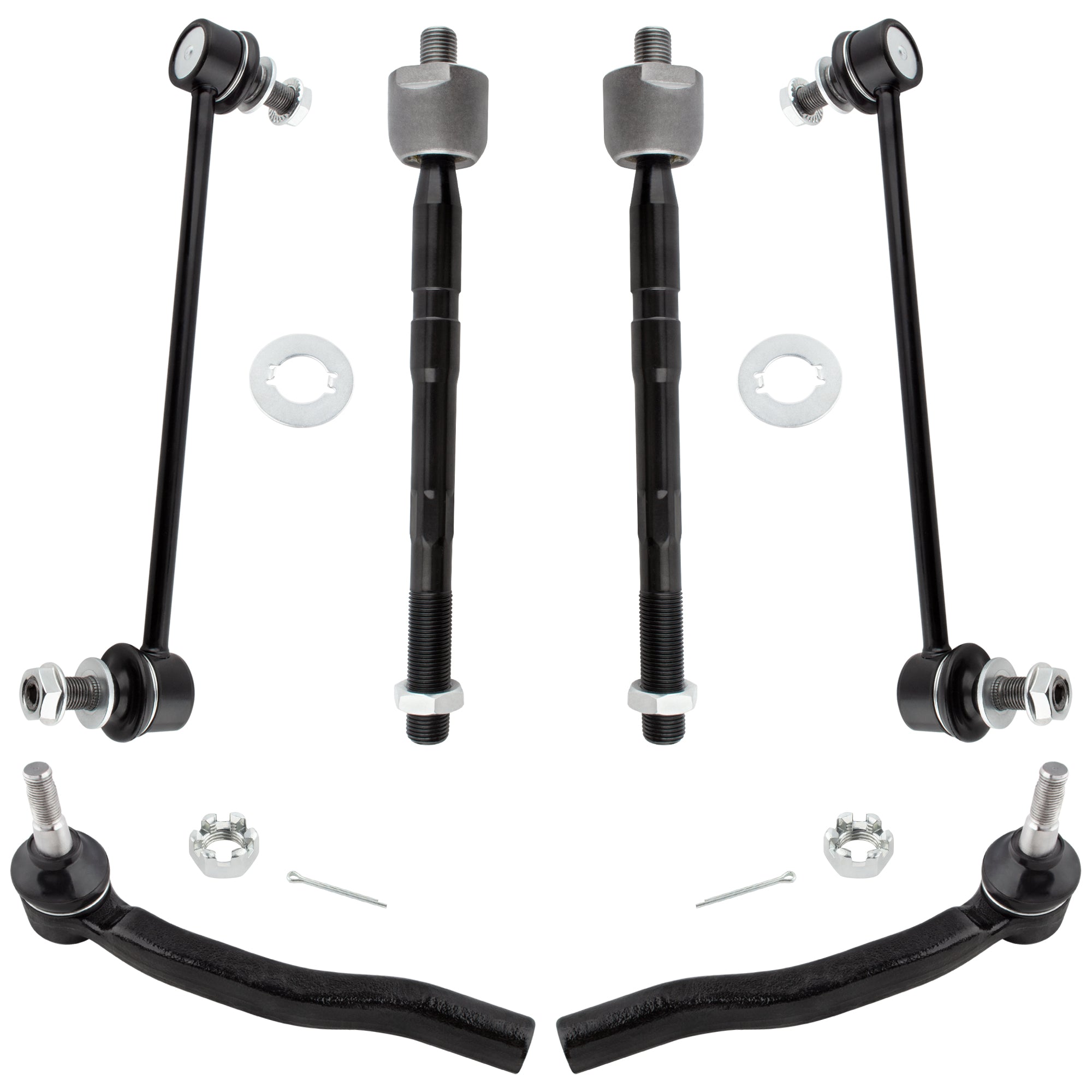 BOXI (Set of 6) Front Inner & Outer Tie Rod Ends + Front Stabilizer Sway Bar End Links Kit Fit
